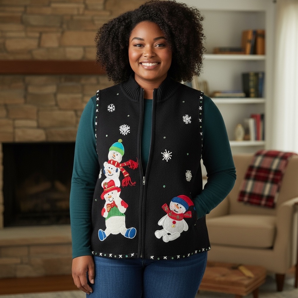 Karen Scott Granny Teacher Cottage Christmas Snowman Holiday Zip Sweater Vest